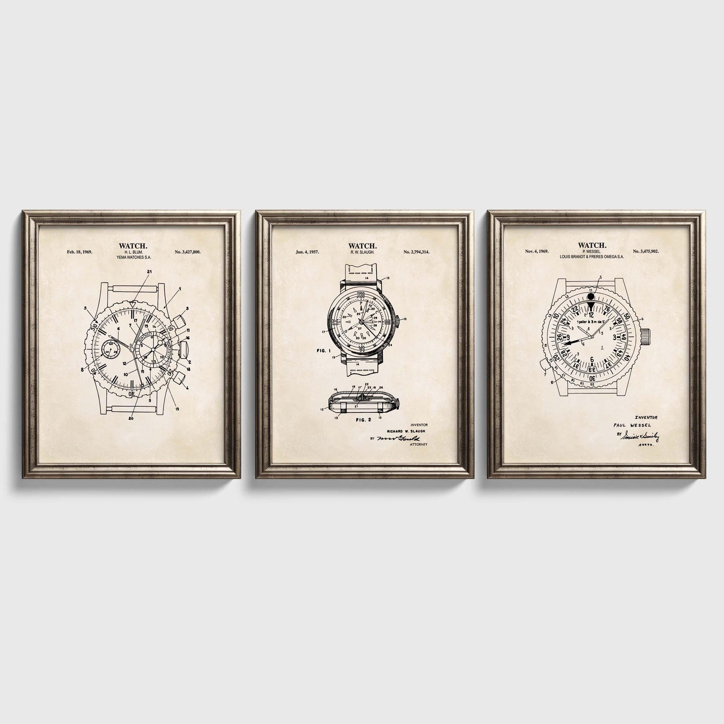 Vintage Watch Patent Wall Art | Patent Prints for 3 Different Watches | Watch Artwork | Unframed Set of 3 Physical Prints