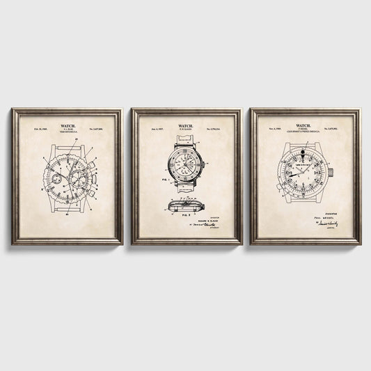 Vintage Watch Patent Wall Art | Patent Prints for 3 Different Watches | Watch Artwork | Unframed Set of 3 Physical Prints