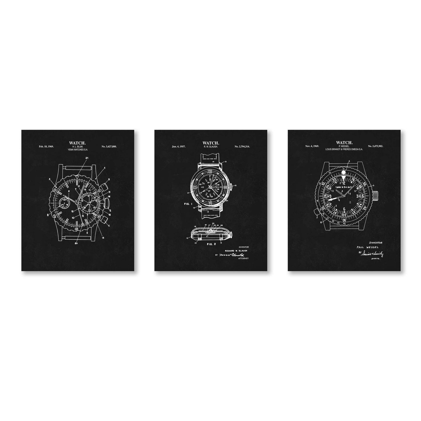 Vintage Watch Patent Wall Art | Patent Prints for 3 Different Watches | Watch Artwork | Unframed Set of 3 Physical Prints