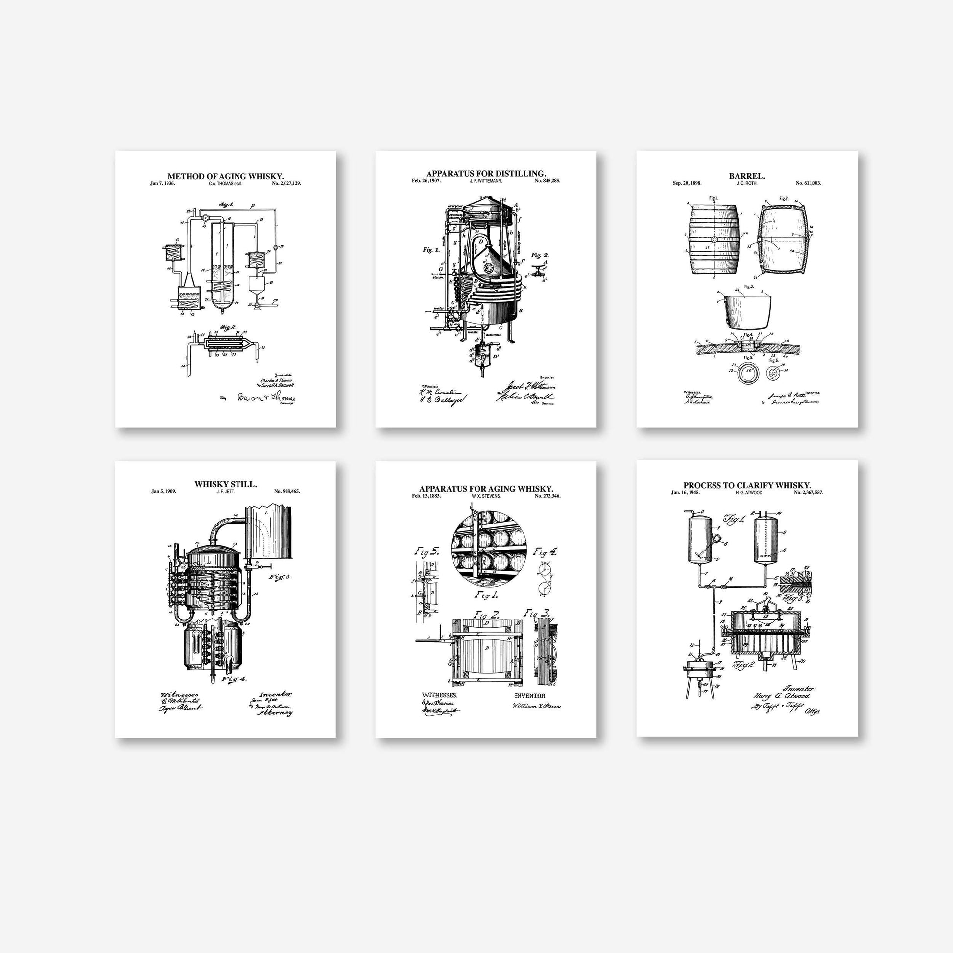 Vintage Whiskey Wall Art | Whisky Patent Prints | Retro Cocktail Art | Bar Cart Wall Art Set | Unframed Set of 6 Physical Prints