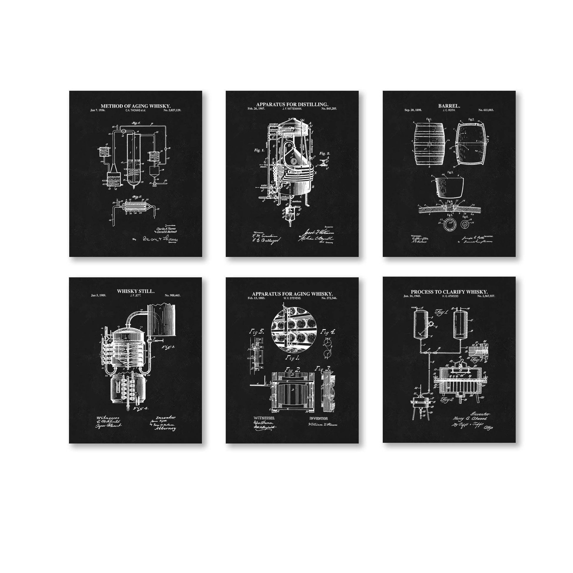 Vintage Whiskey Wall Art | Whisky Patent Prints | Retro Cocktail Art | Bar Cart Wall Art Set | Unframed Set of 6 Physical Prints