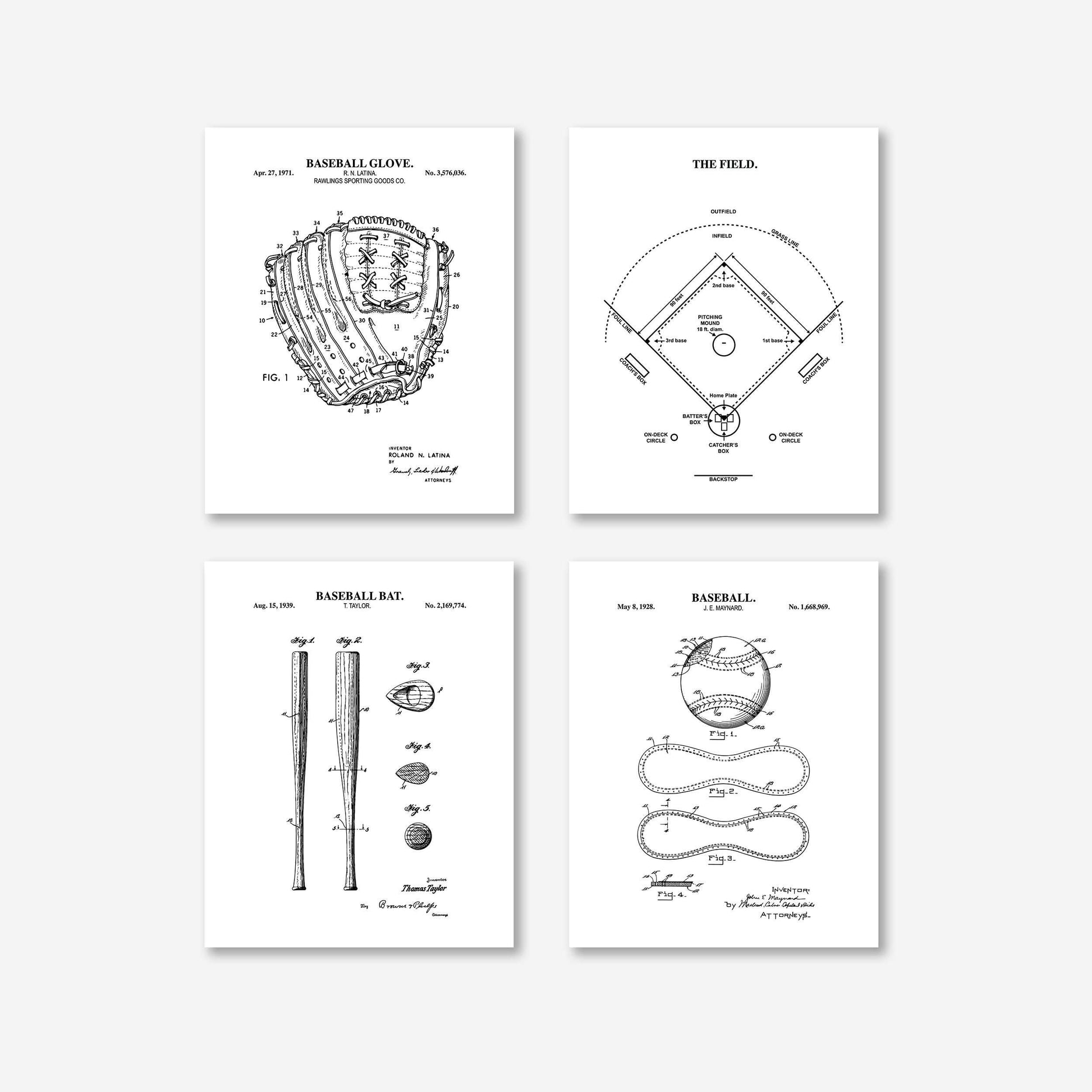 Baseball Patent Print Wall Art | Baseball Field Diagram, Baseball Bat, Baseball Glove and Baseball Patent Prints | Set of 4 Physical Prints