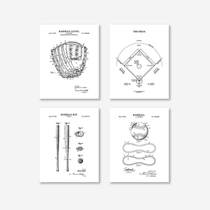 Baseball Patent Print Wall Art | Baseball Field Diagram, Baseball Bat, Baseball Glove and Baseball Patent Prints | Set of 4 Physical Prints