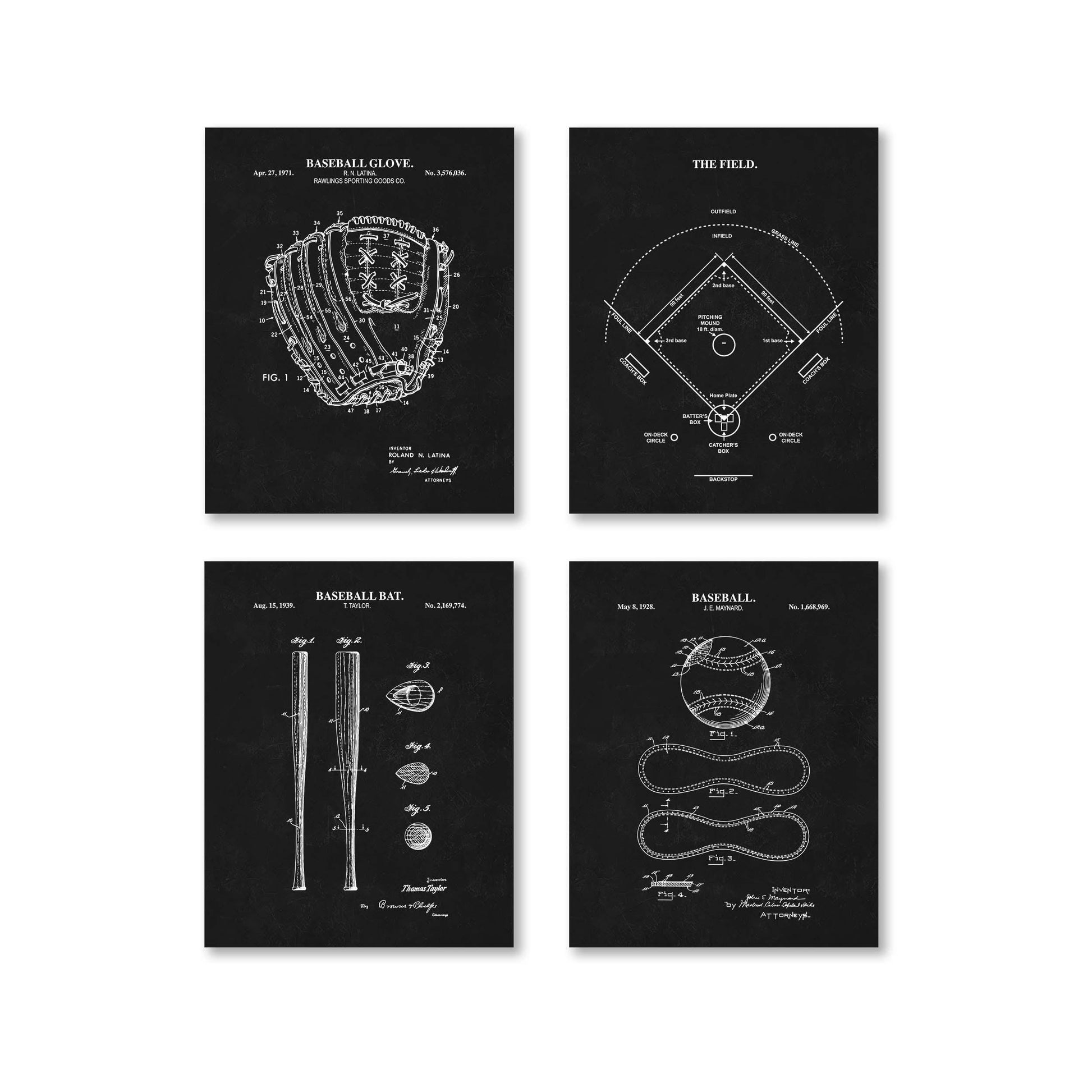 Baseball Patent Print Wall Art | Baseball Field Diagram, Baseball Bat, Baseball Glove and Baseball Patent Prints | Set of 4 Physical Prints