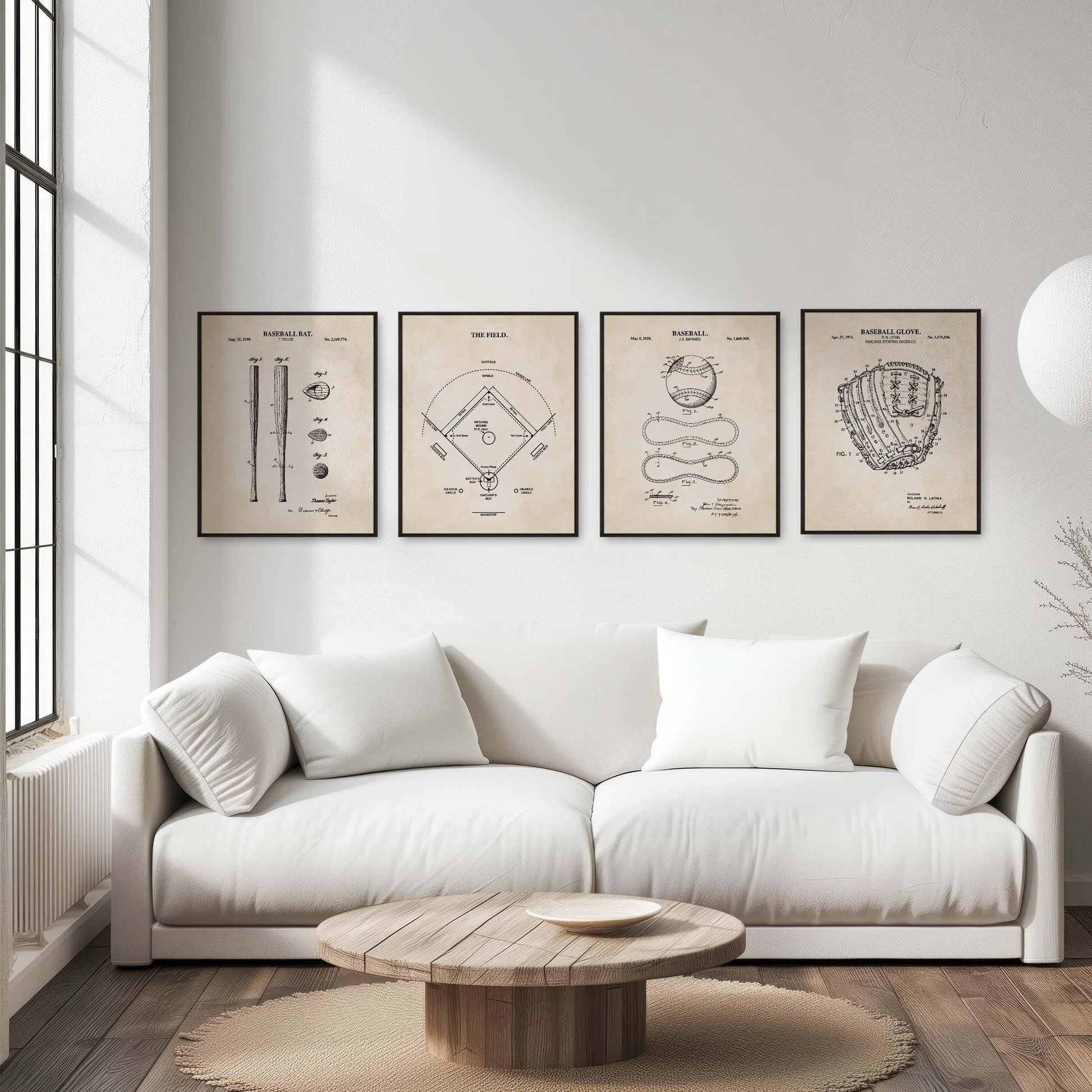 Baseball Patent Print Wall Art | Baseball Field Diagram, Baseball Bat, Baseball Glove and Baseball Patent Prints | Set of 4 Physical Prints