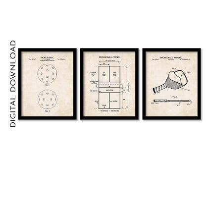 Pickleball Wall Art | Pickle Ball, Pickleball Court and Paddle Patent Prints | Set of 3 Prints | PRINTABLE DIGITAL DOWNLOAD