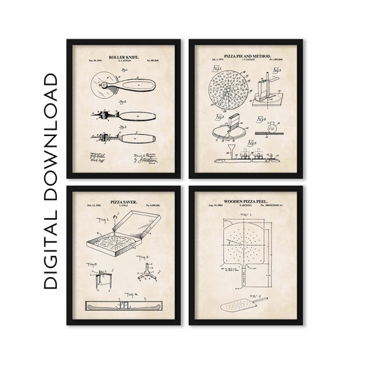 Pizza Wall Art | Set of 4 Prints | Pizza Saver, Pizza Pie, Roller Knife and Pizza Peel Patent Prints | PRINTABLE DIGITAL DOWNLOAD