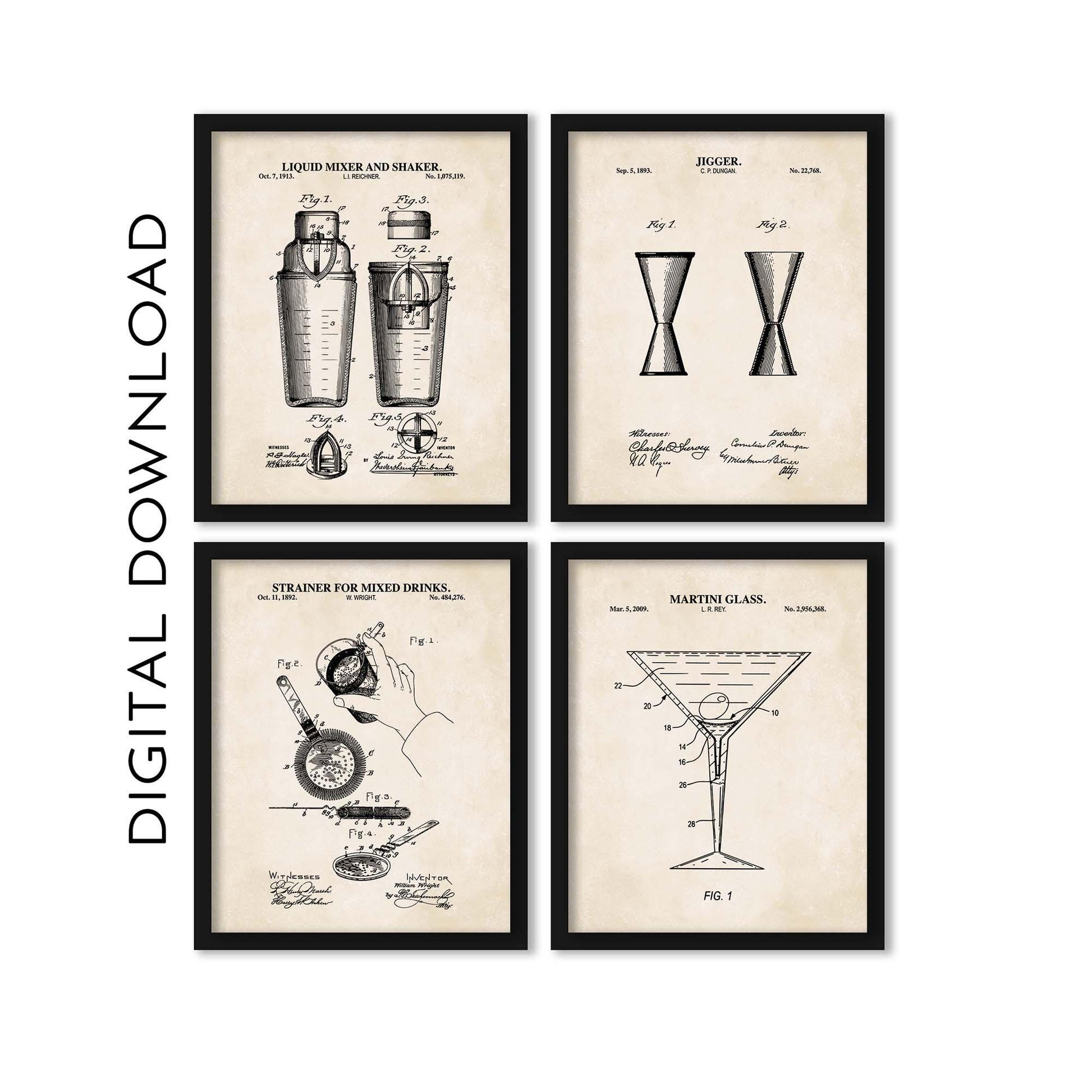 Cocktail Wall Art | Set of 4 Prints | Bar Cart Patent Prints | PRINTABLE DIGITAL DOWNLOAD