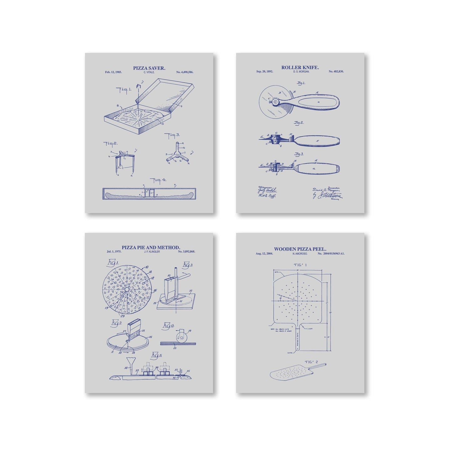 Vintage Pizza Patent Wall Art Set | Pizza Saver, Pizza Pie, Roller Knife, and Pizza Peel Patents | Unframed Set of 4 Physical Prints