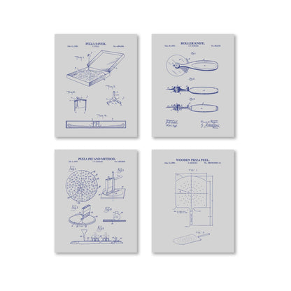 Vintage Pizza Patent Wall Art Set | Pizza Saver, Pizza Pie, Roller Knife, and Pizza Peel Patents | Unframed Set of 4 Physical Prints