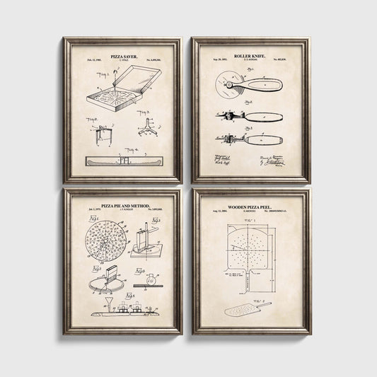 Vintage Pizza Patent Wall Art Set | Pizza Saver, Pizza Pie, Roller Knife, and Pizza Peel Patents | Unframed Set of 4 Physical Prints