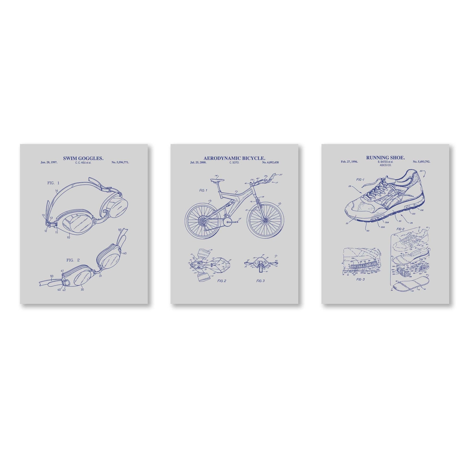 Retro Triathlon Patent Wall Art Set | Swim Goggles, Aero Bicycle and Running Shoe Patent Prints | Set of 3 Physical Prints