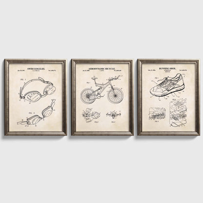 Retro Triathlon Patent Wall Art Set | Swim Goggles, Aero Bicycle and Running Shoe Patent Prints | Set of 3 Physical Prints