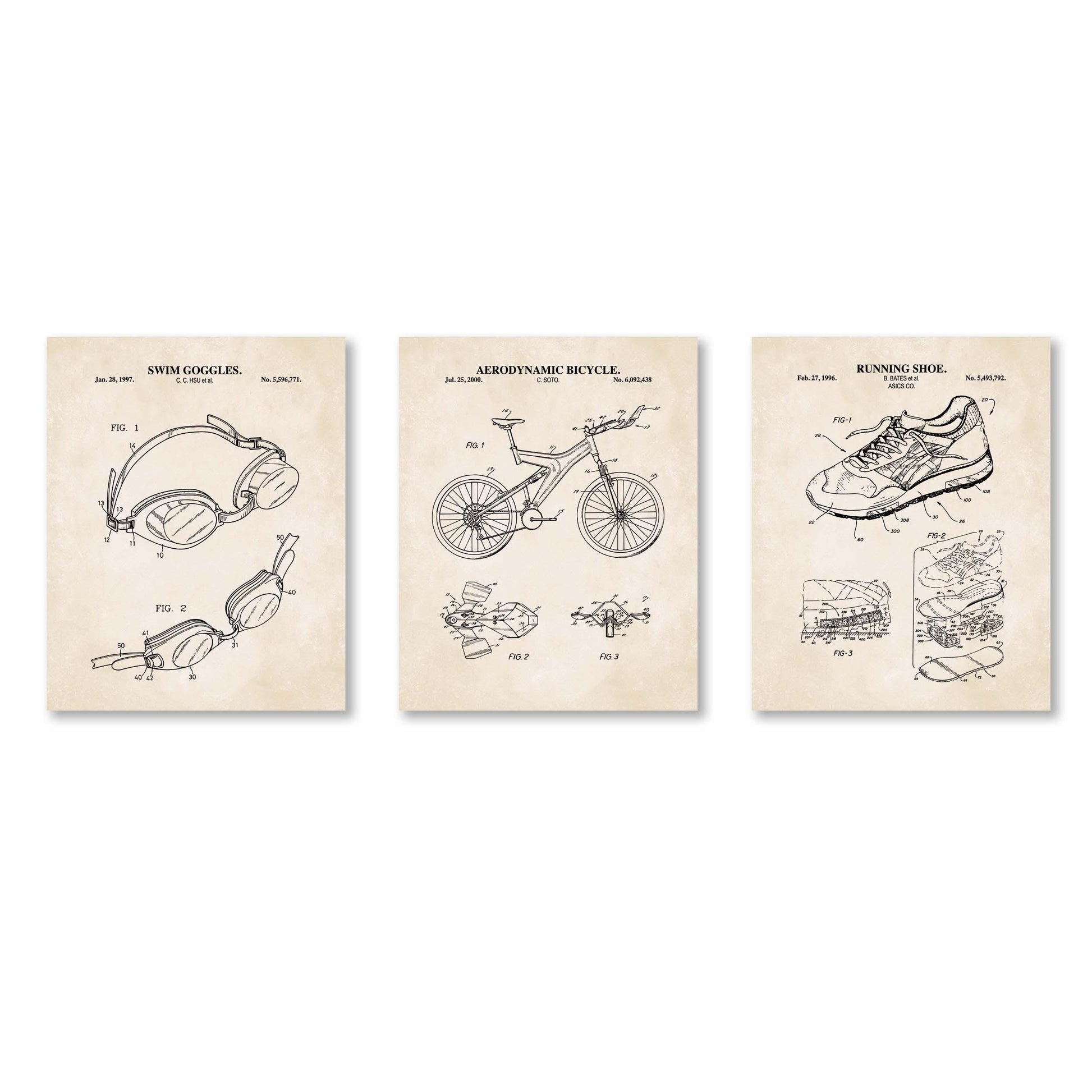 Retro Triathlon Patent Wall Art Set | Swim Goggles, Aero Bicycle and Running Shoe Patent Prints | Set of 3 Physical Prints