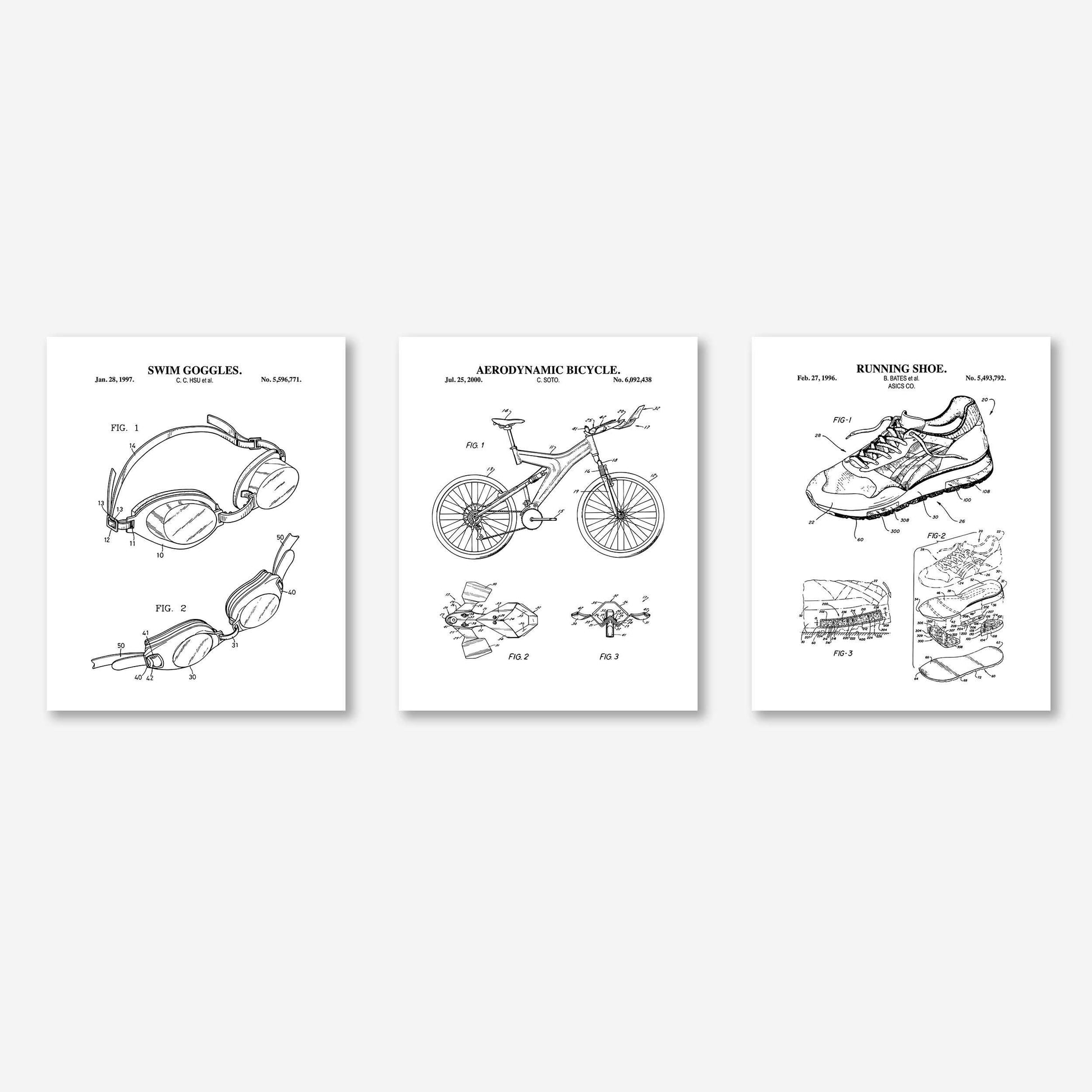 Retro Triathlon Patent Wall Art Set | Swim Goggles, Aero Bicycle and Running Shoe Patent Prints | Set of 3 Physical Prints