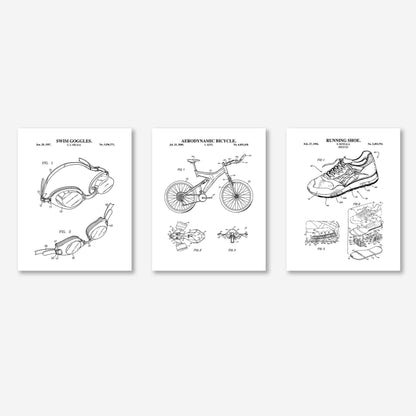 Retro Triathlon Patent Wall Art Set | Swim Goggles, Aero Bicycle and Running Shoe Patent Prints | Set of 3 Physical Prints