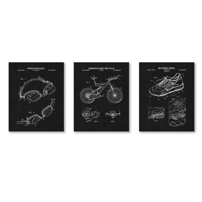 Retro Triathlon Patent Wall Art Set | Swim Goggles, Aero Bicycle and Running Shoe Patent Prints | Set of 3 Physical Prints