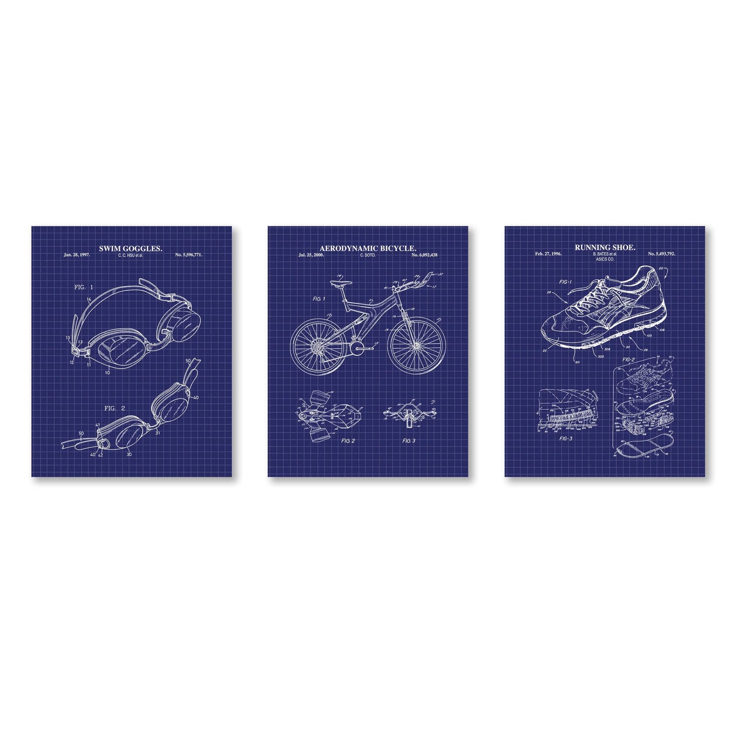 Retro Triathlon Patent Wall Art Set | Swim Goggles, Aero Bicycle and Running Shoe Patent Prints | Set of 3 Physical Prints