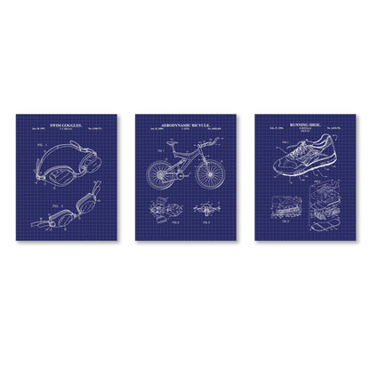 Retro Triathlon Patent Wall Art Set | Swim Goggles, Aero Bicycle and Running Shoe Patent Prints | Set of 3 Physical Prints