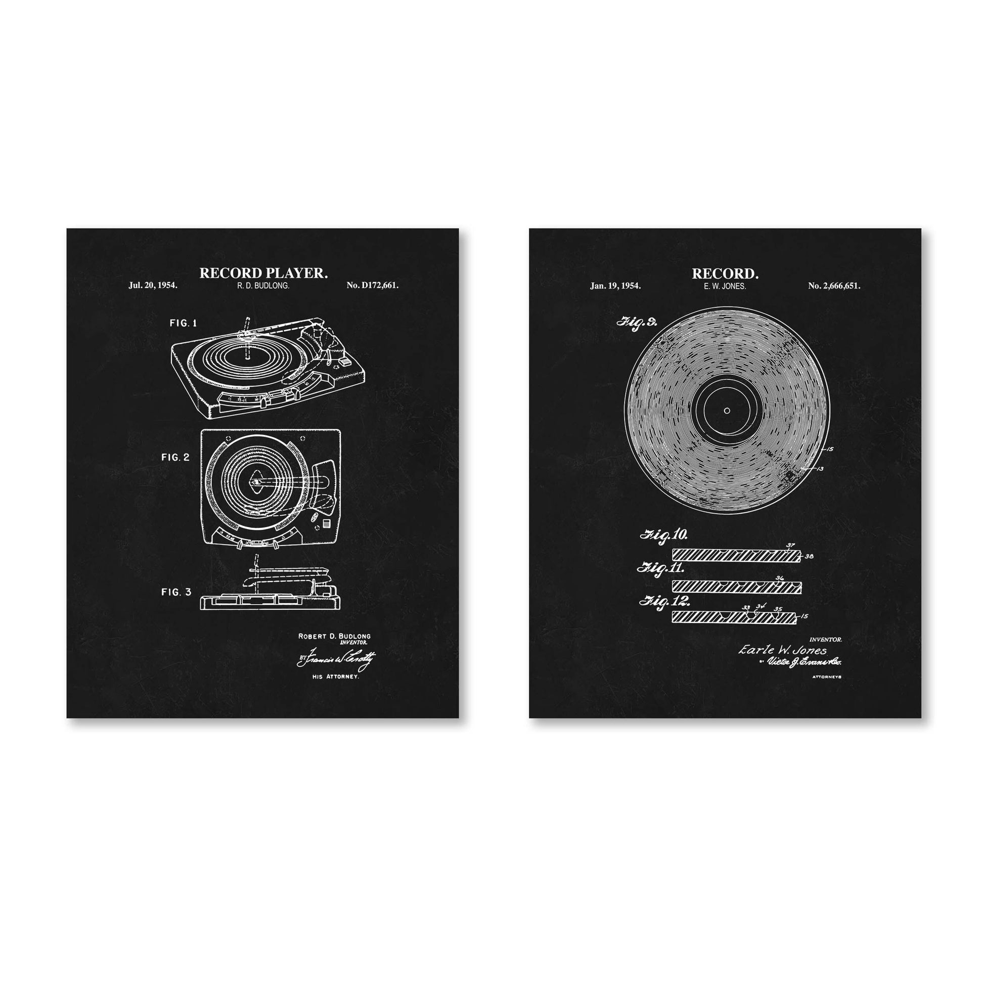 Vintage Vinyl Record Wall Art | Vinyl Record and Record Player Patent Prints | Music Room Decor | Unframed Set of 2 Physical Prints