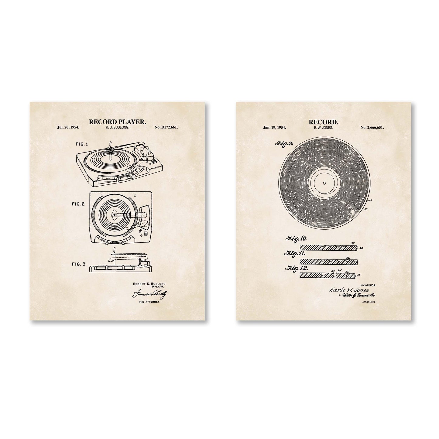 Vintage Vinyl Record Wall Art | Vinyl Record and Record Player Patent Prints | Music Room Decor | Unframed Set of 2 Physical Prints