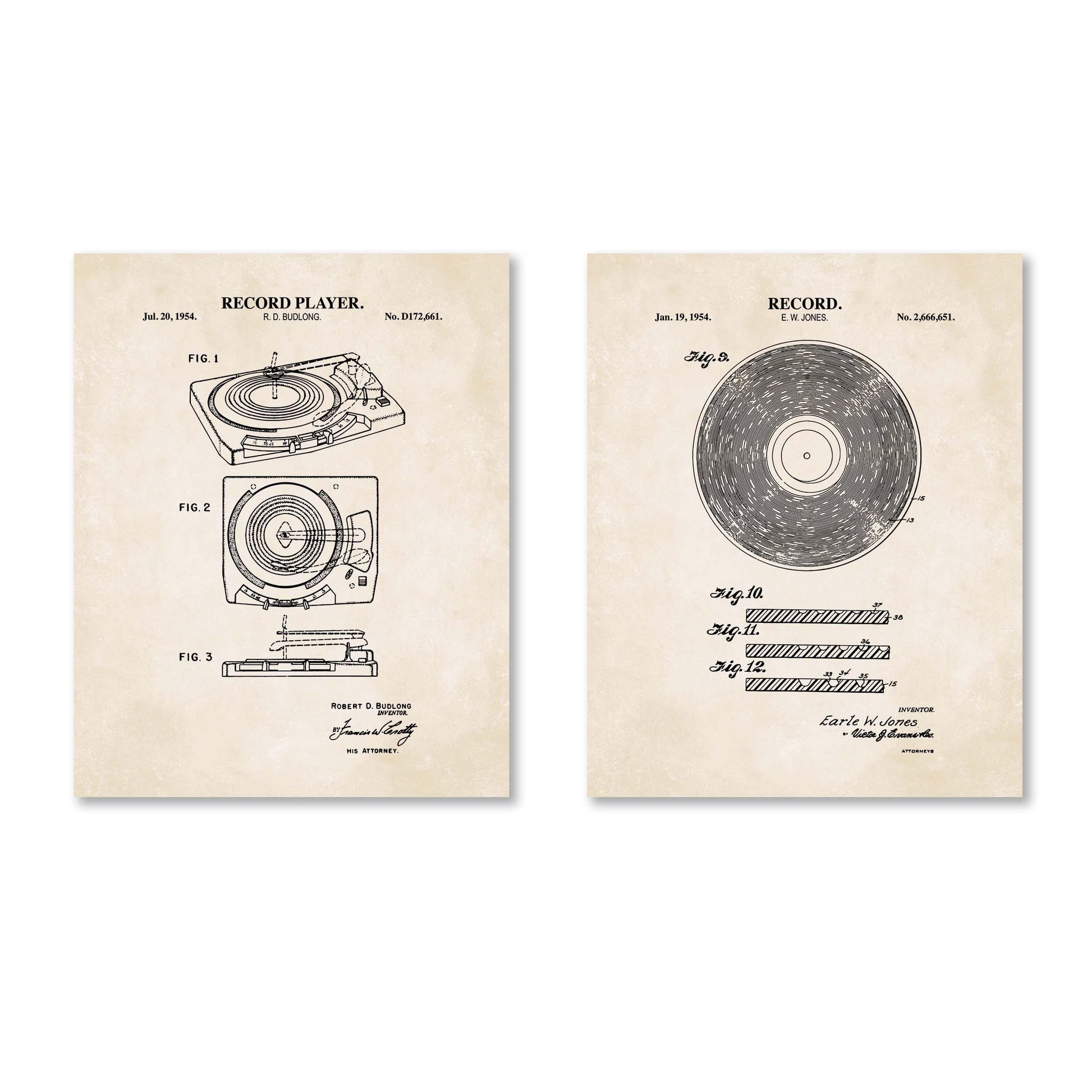 Vintage Vinyl Record Wall Art | Vinyl Record and Record Player Patent Prints | Music Room Decor | Unframed Set of 2 Physical Prints