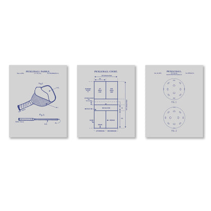 Pickleball Patent Wall Art Print Set | Pickle Ball Patent, Paddle Patent and Pickleball Court Diagram | Set of 3 Physical Prints