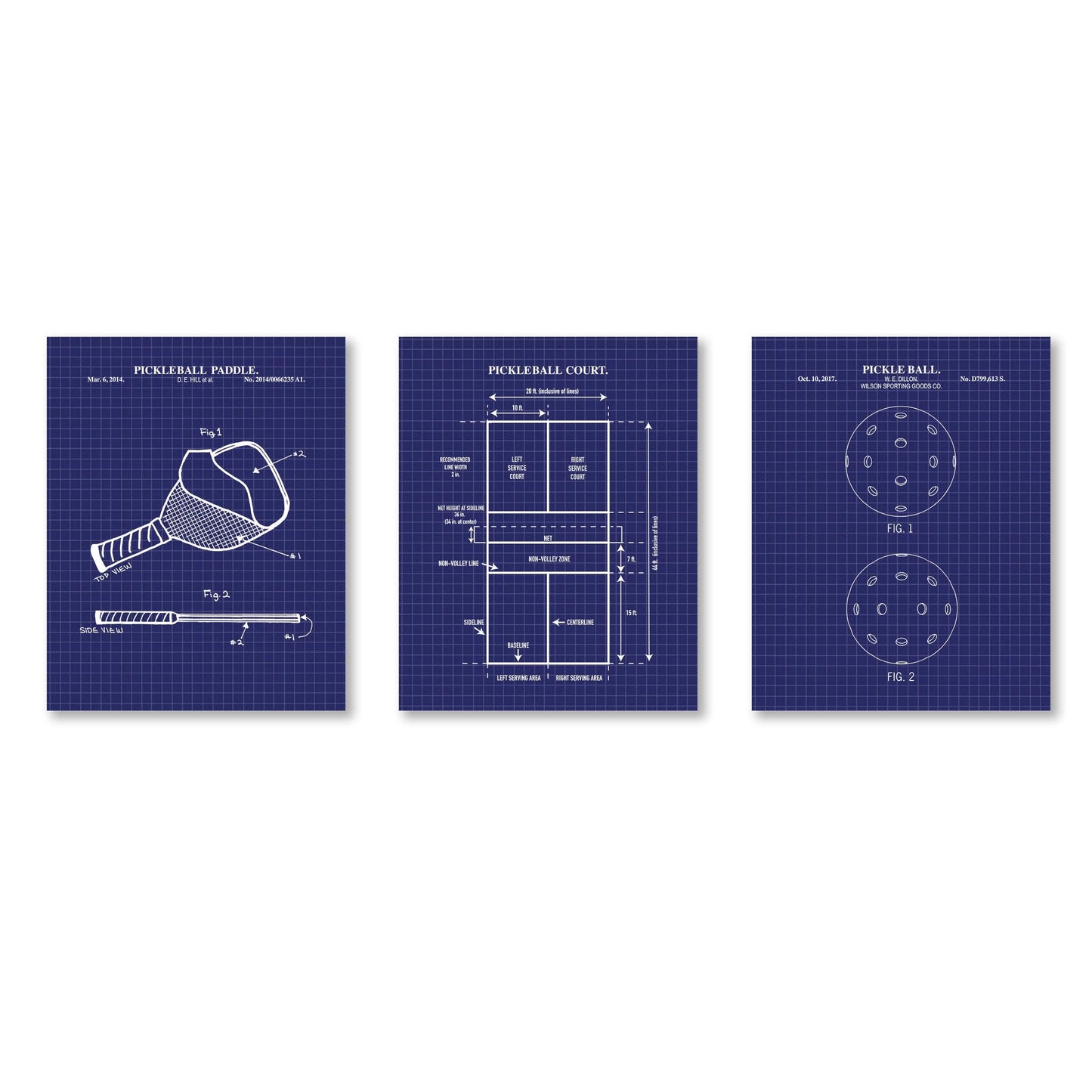 Pickleball Patent Wall Art Print Set | Pickle Ball Patent, Paddle Patent and Pickleball Court Diagram | Set of 3 Physical Prints