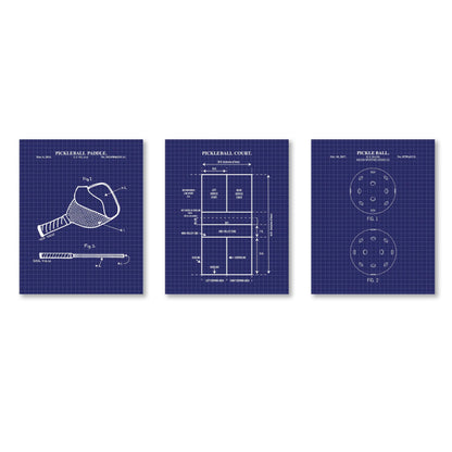 Pickleball Patent Wall Art Print Set | Pickle Ball Patent, Paddle Patent and Pickleball Court Diagram | Set of 3 Physical Prints