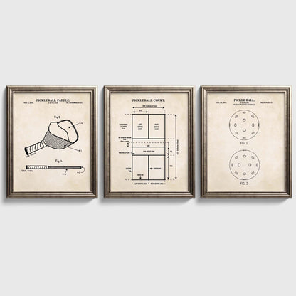 Pickleball Patent Wall Art Print Set | Pickle Ball Patent, Paddle Patent and Pickleball Court Diagram | Set of 3 Physical Prints