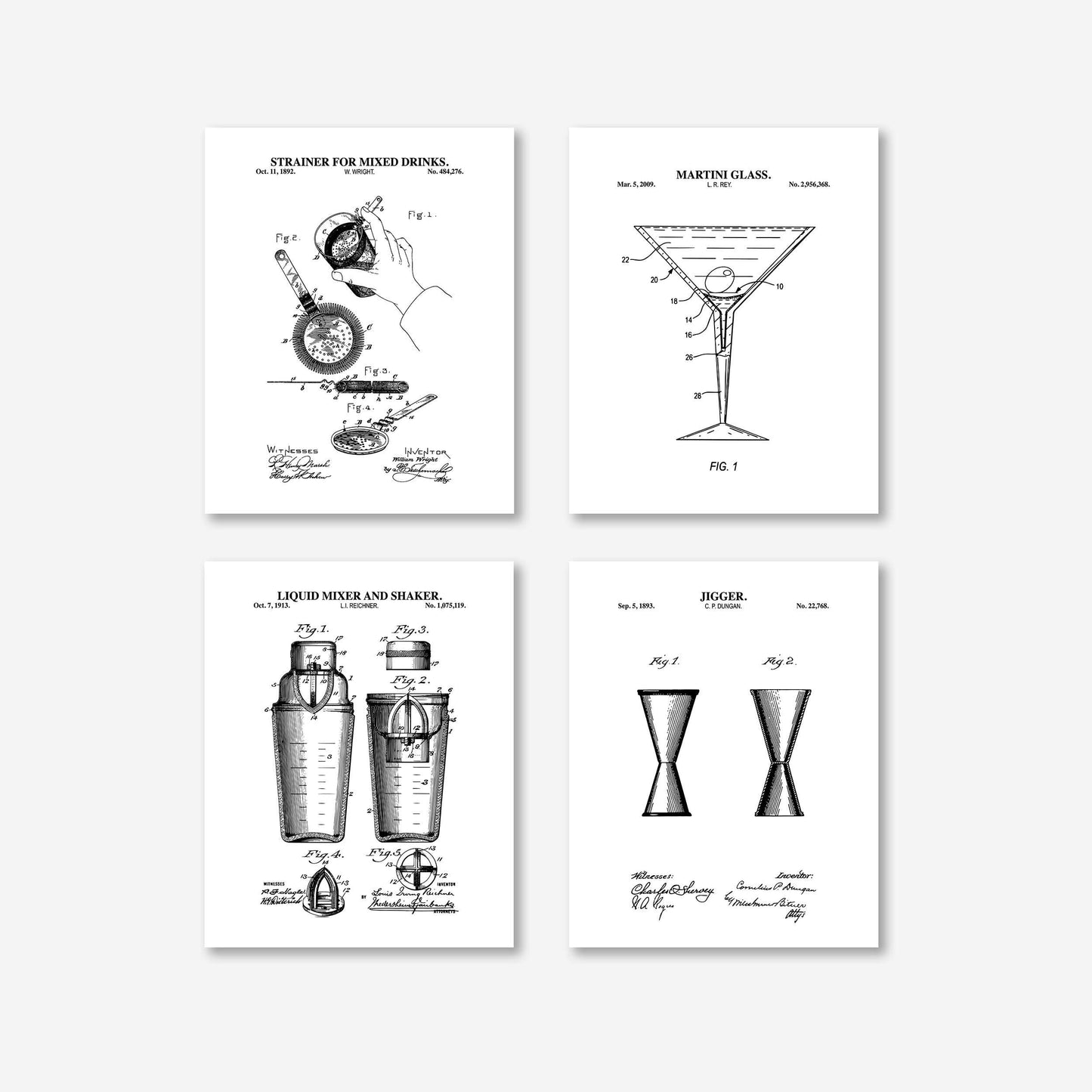 Retro Cocktail Bar Patent Wall Art Set | Cocktail Shaker, Jigger, Drink Strainer and Martini Glass Patent Prints | Set of 4 Physical Prints