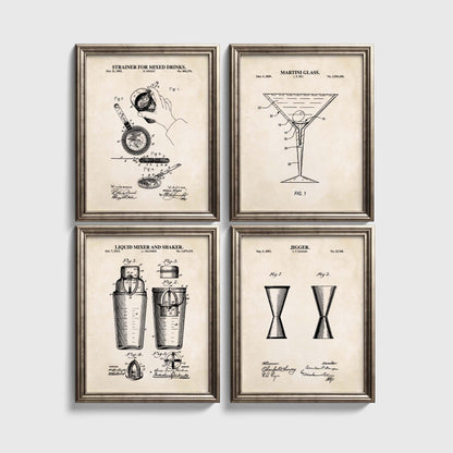 Retro Cocktail Bar Patent Wall Art Set | Cocktail Shaker, Jigger, Drink Strainer and Martini Glass Patent Prints | Set of 4 Physical Prints