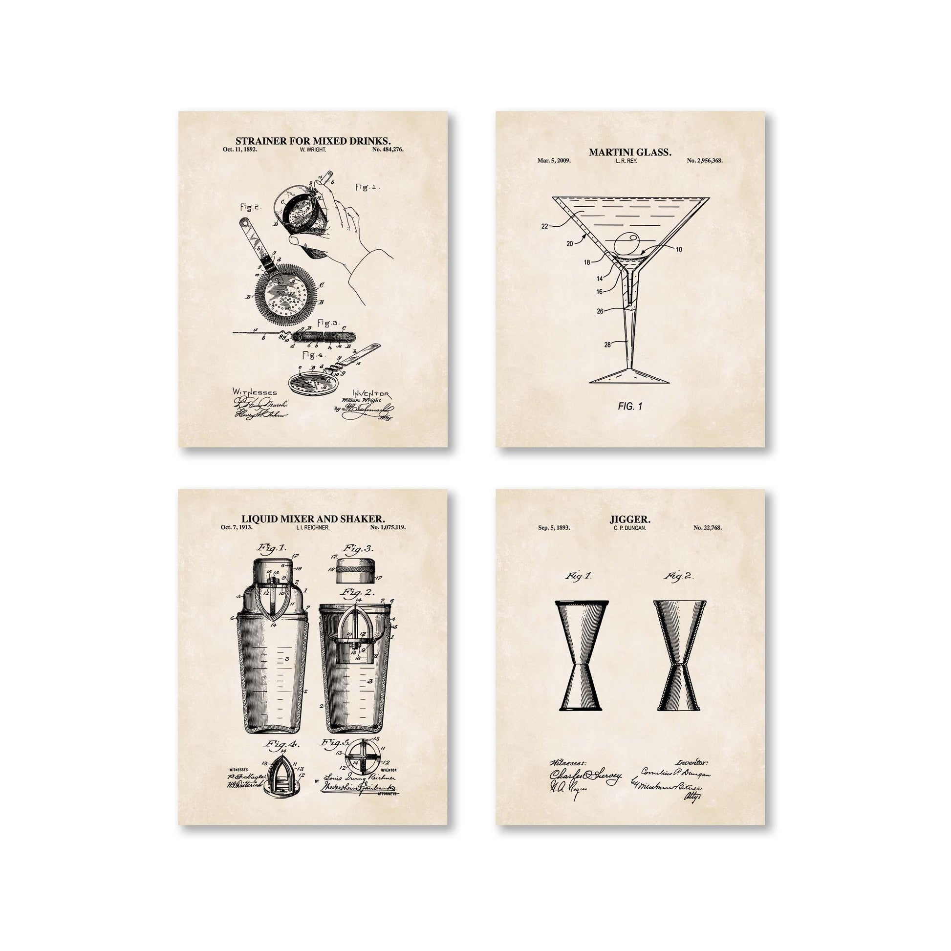 Retro Cocktail Bar Patent Wall Art Set | Cocktail Shaker, Jigger, Drink Strainer and Martini Glass Patent Prints | Set of 4 Physical Prints