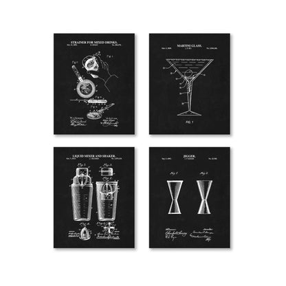 Retro Cocktail Bar Patent Wall Art Set | Cocktail Shaker, Jigger, Drink Strainer and Martini Glass Patent Prints | Set of 4 Physical Prints