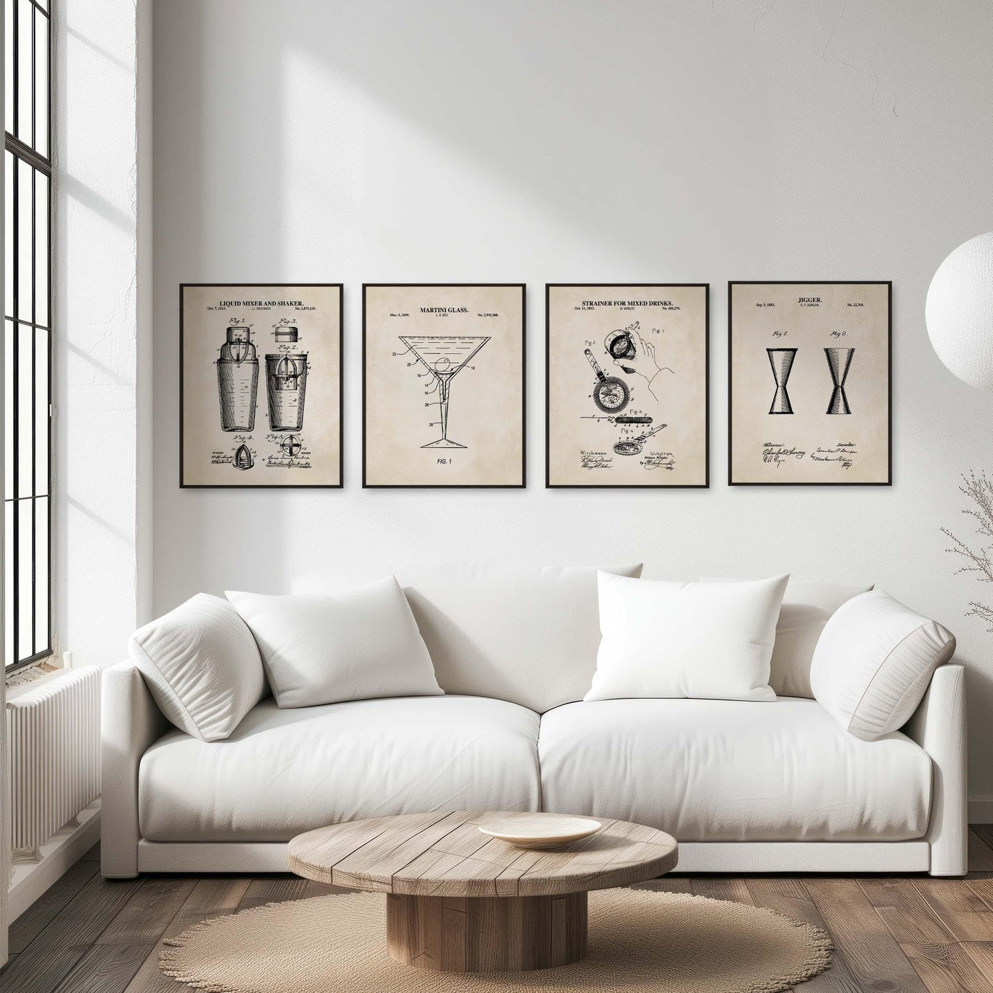 Retro Cocktail Bar Patent Wall Art Set | Cocktail Shaker, Jigger, Drink Strainer and Martini Glass Patent Prints | Set of 4 Physical Prints