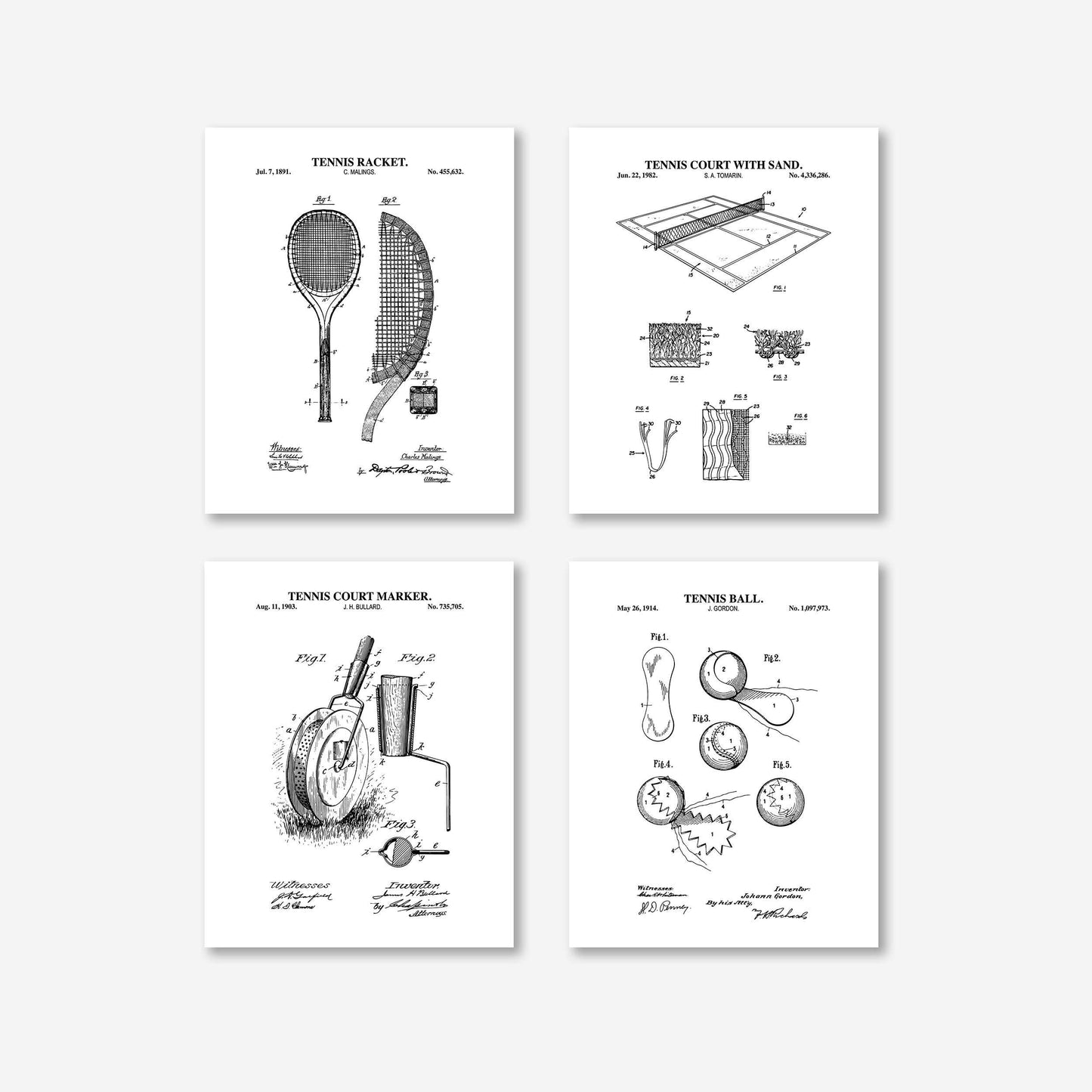 Vintage Tennis Patent Wall Art Set | Tennis Racket, Tennis Court Marker, Tennis Ball and Court with Sand Patents | Set of 4 Physical Prints