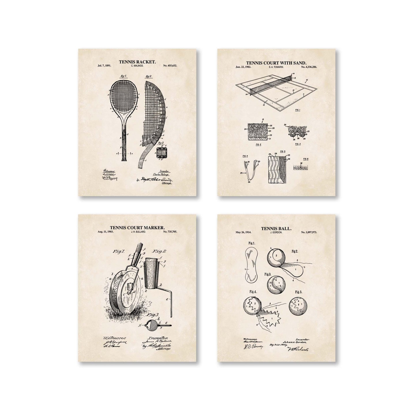 Vintage Tennis Patent Wall Art Set | Tennis Racket, Tennis Court Marker, Tennis Ball and Court with Sand Patents | Set of 4 Physical Prints