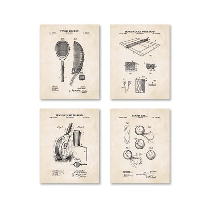 Vintage Tennis Patent Wall Art Set | Tennis Racket, Tennis Court Marker, Tennis Ball and Court with Sand Patents | Set of 4 Physical Prints