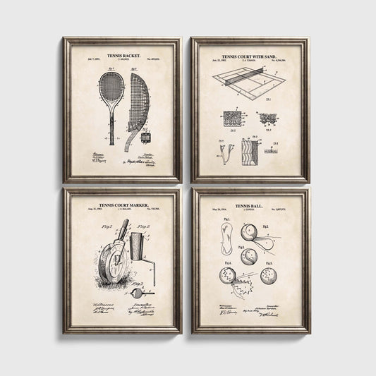 Vintage Tennis Patent Wall Art Set | Tennis Racket, Tennis Court Marker, Tennis Ball and Court with Sand Patents | Set of 4 Physical Prints