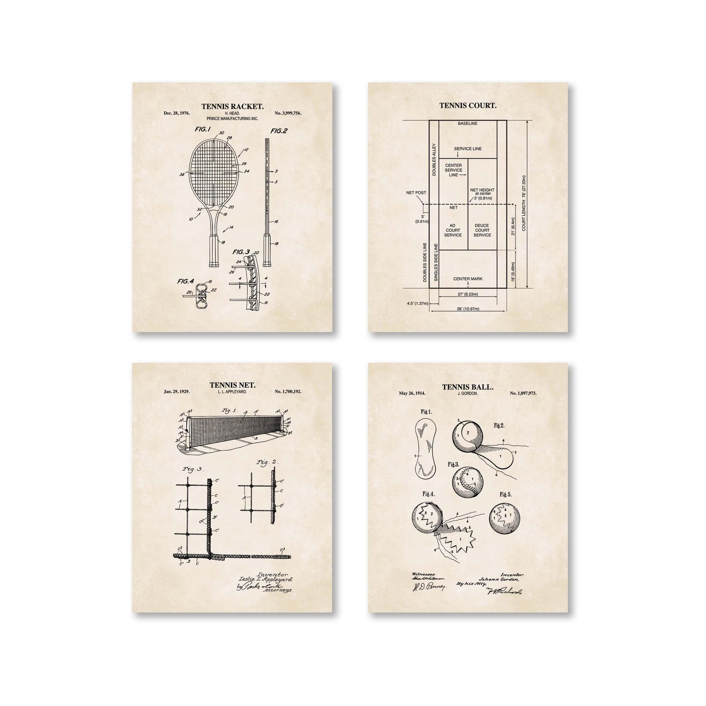 Tennis Wall Art | Patent Prints of Tennis Racket, Tennis Court, Tennis Ball and Tennis Net | Set of 4 Physical Prints