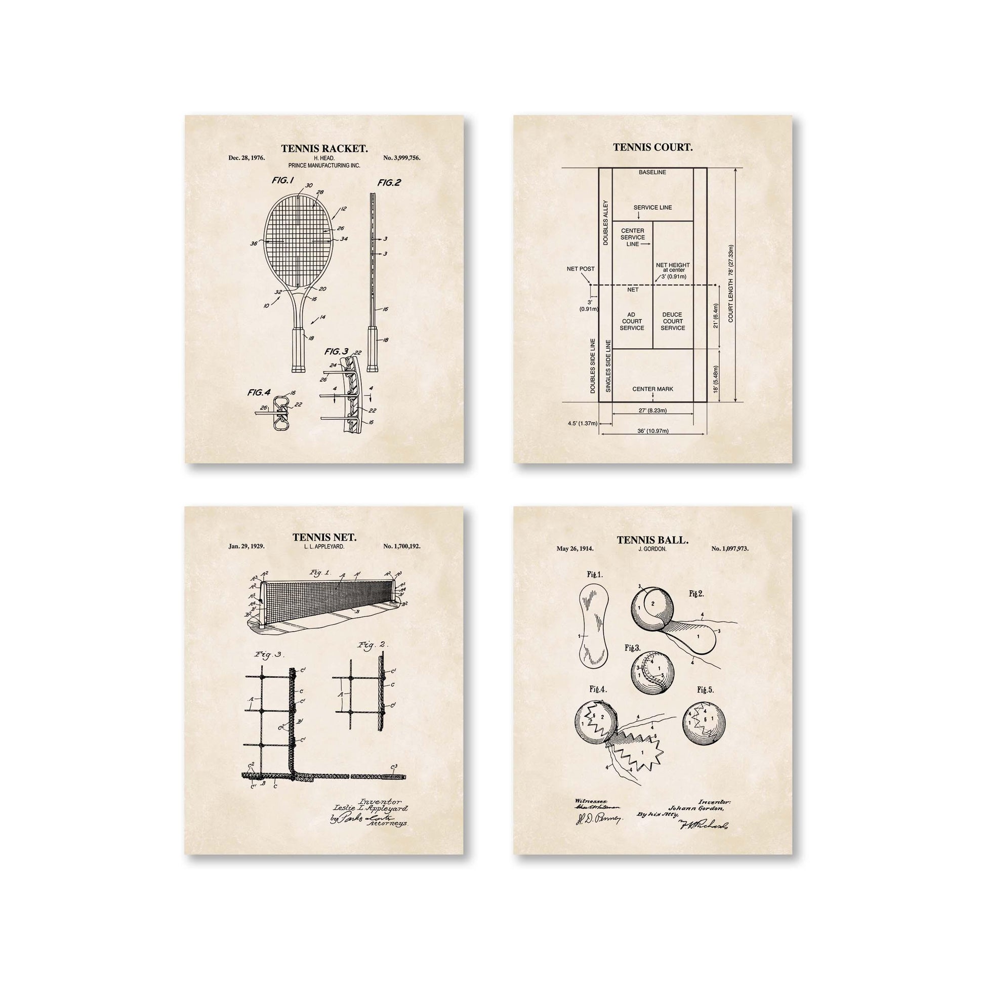 Tennis Wall Art | Patent Prints of Tennis Racket, Tennis Court, Tennis Ball and Tennis Net | Set of 4 Physical Prints