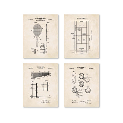 Tennis Wall Art | Patent Prints of Tennis Racket, Tennis Court, Tennis Ball and Tennis Net | Set of 4 Physical Prints