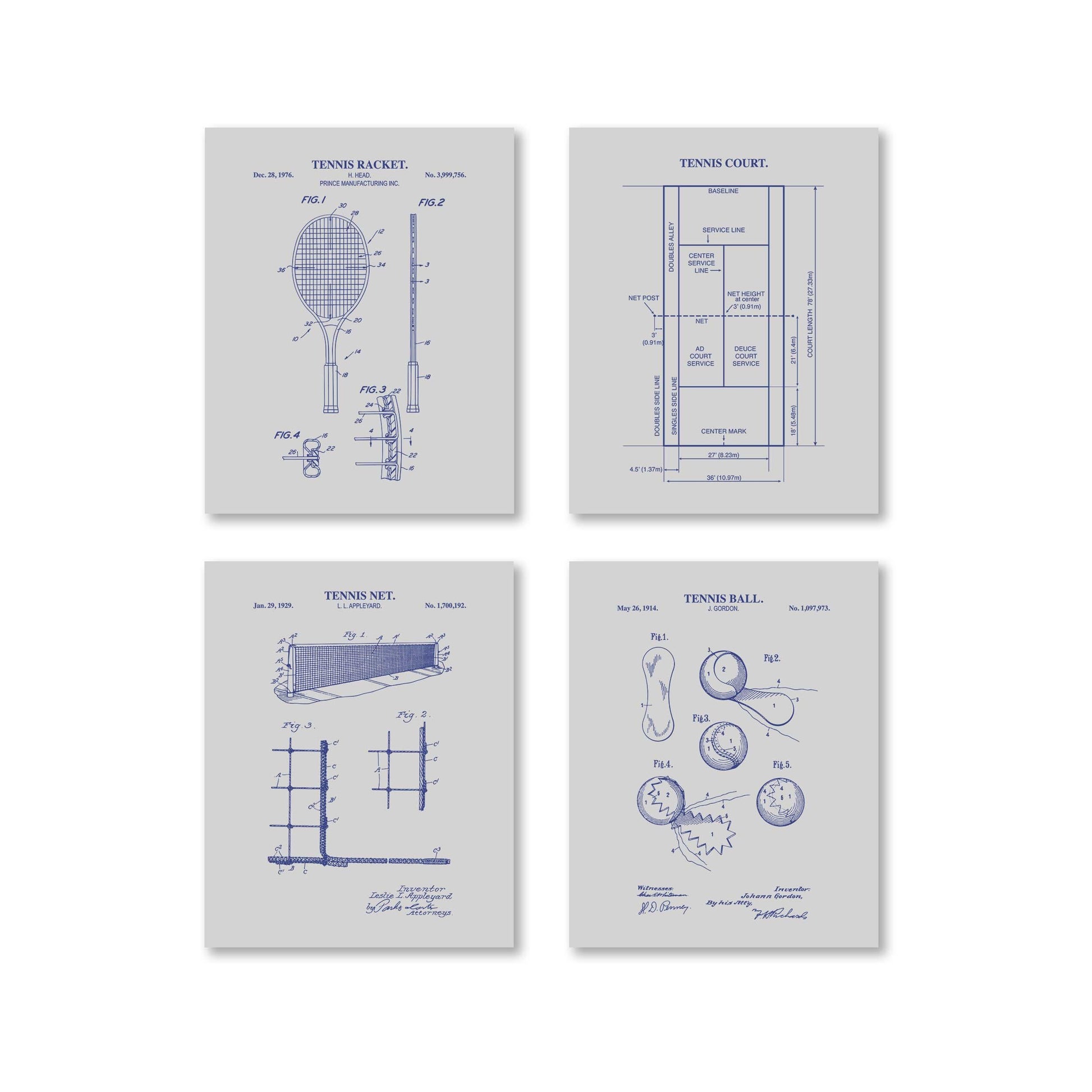 Tennis Wall Art | Patent Prints of Tennis Racket, Tennis Court, Tennis Ball and Tennis Net | Set of 4 Physical Prints