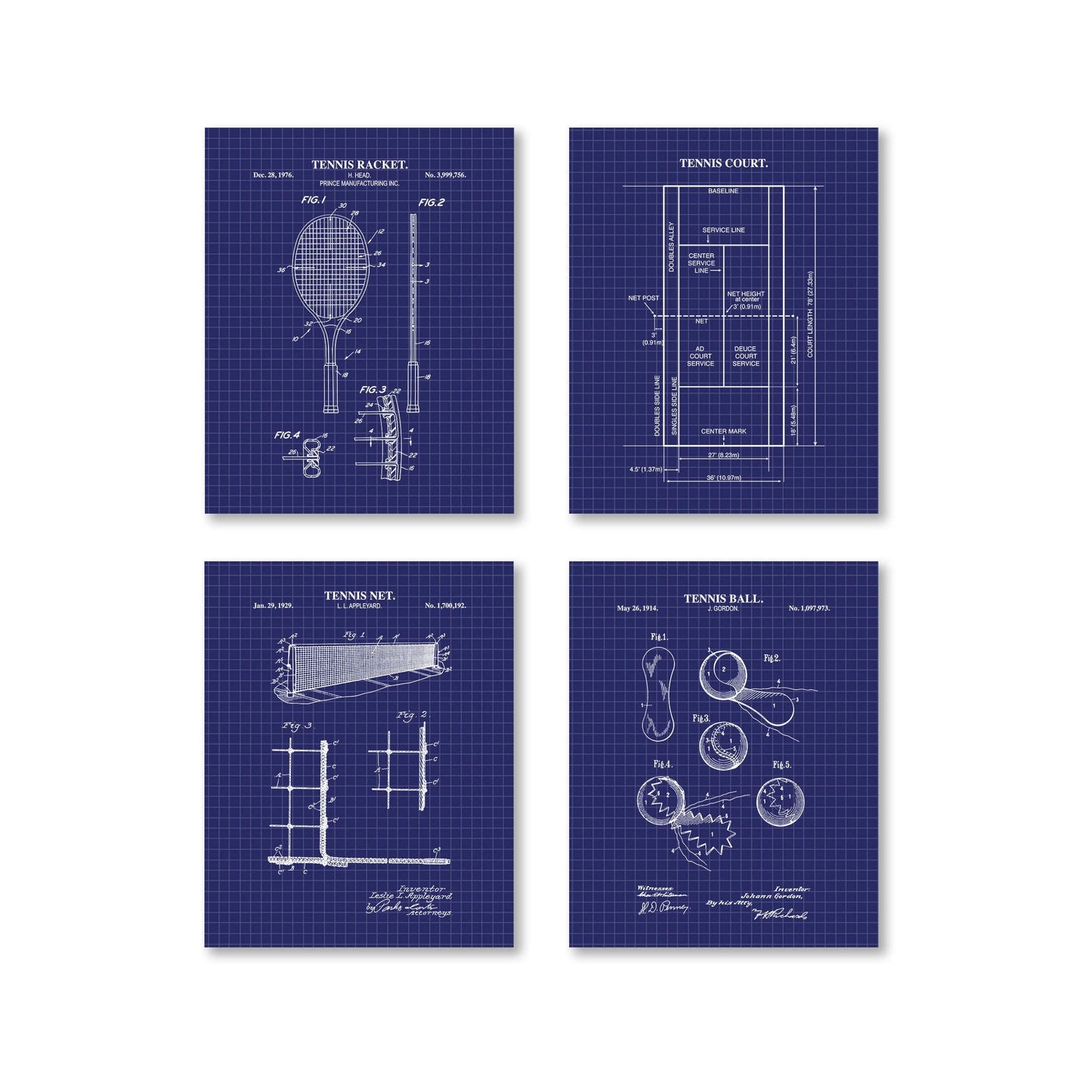 Tennis Wall Art | Patent Prints of Tennis Racket, Tennis Court, Tennis Ball and Tennis Net | Set of 4 Physical Prints