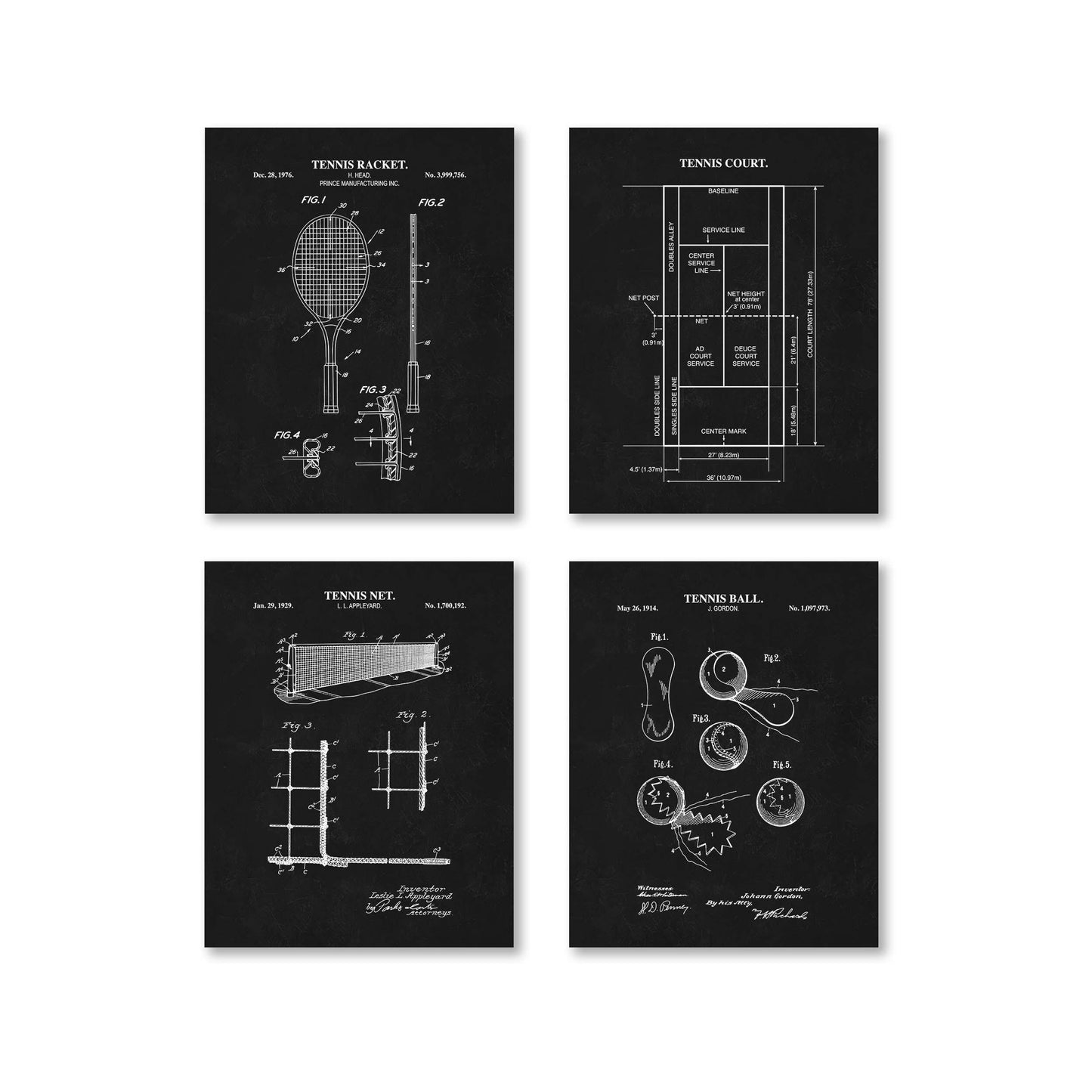 Tennis Wall Art | Patent Prints of Tennis Racket, Tennis Court, Tennis Ball and Tennis Net | Set of 4 Physical Prints