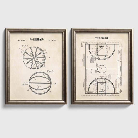 Basketball Patent Art Set | Basketball Court and Basketball Patent Prints | Basketball Wall Art | Unframed Set of 2 Physical Prints