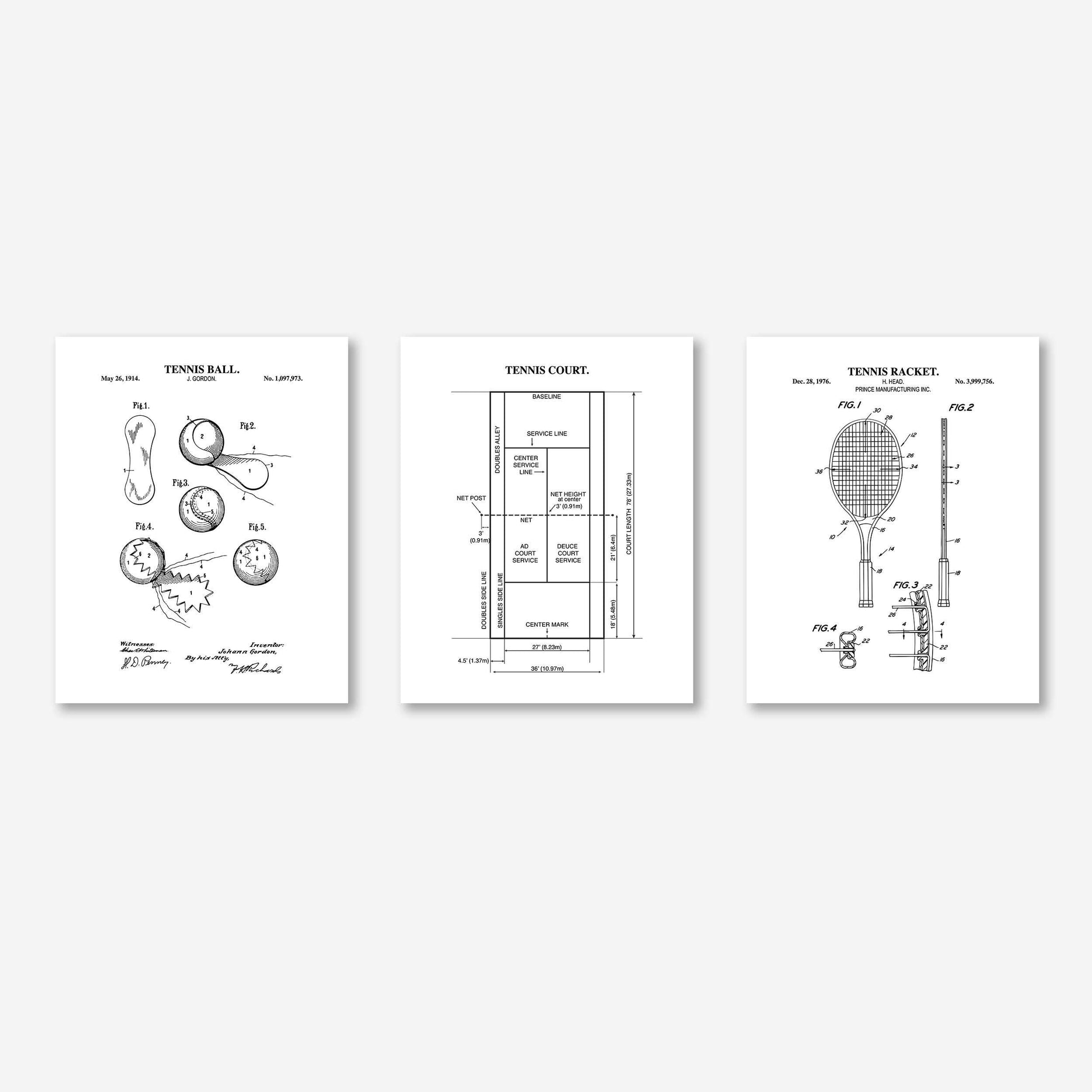 Tennis Wall Art | Patent Prints of Tennis Racket, Tennis Ball and Tennis Court Diagram | Unframed Set of 3 Physical Prints