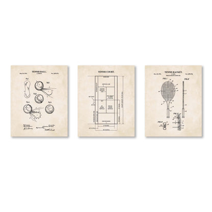 Tennis Wall Art | Patent Prints of Tennis Racket, Tennis Ball and Tennis Court Diagram | Unframed Set of 3 Physical Prints