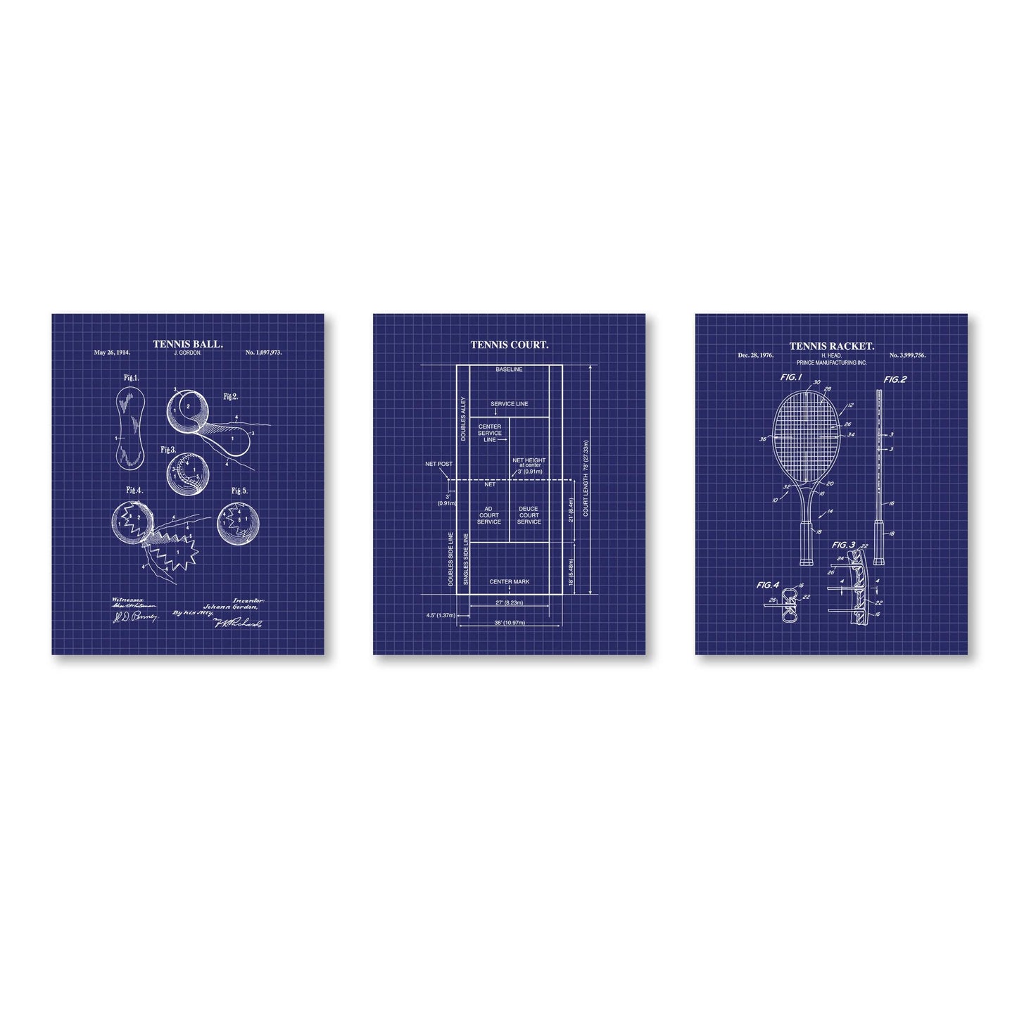 Tennis Wall Art | Patent Prints of Tennis Racket, Tennis Ball and Tennis Court Diagram | Unframed Set of 3 Physical Prints