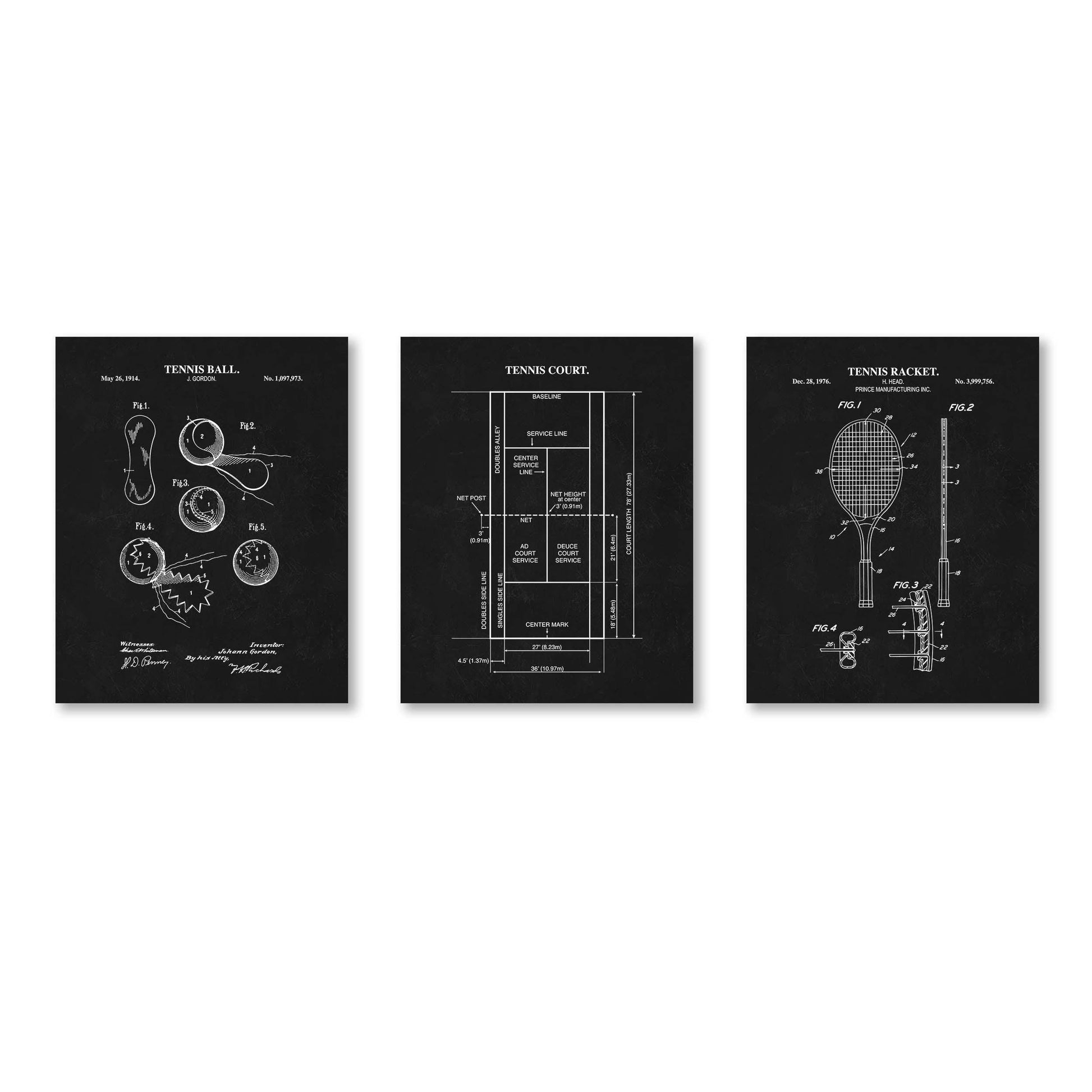 Tennis Wall Art | Patent Prints of Tennis Racket, Tennis Ball and Tennis Court Diagram | Unframed Set of 3 Physical Prints